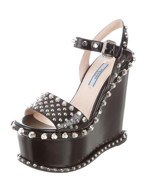 prada black wedge sandal|Prada studded pony skin sandals.